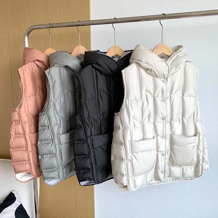 Lightweight Women Hooded Down Vest - Boxy, Down, Autumn