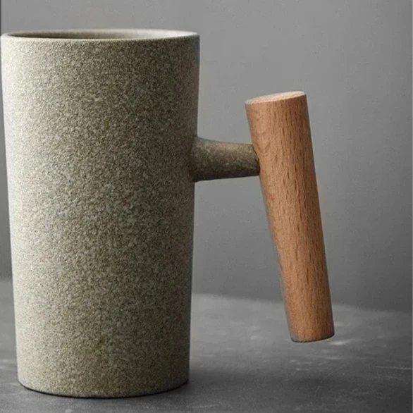 Japanese Style Stoneware Coffee Cup - Handmade Mug with Wooden Handle for Couples