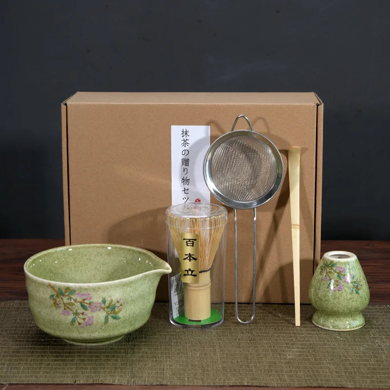 Matcha Tea Set Porcelain Bowl Bamboo Whisk Traditional Box
