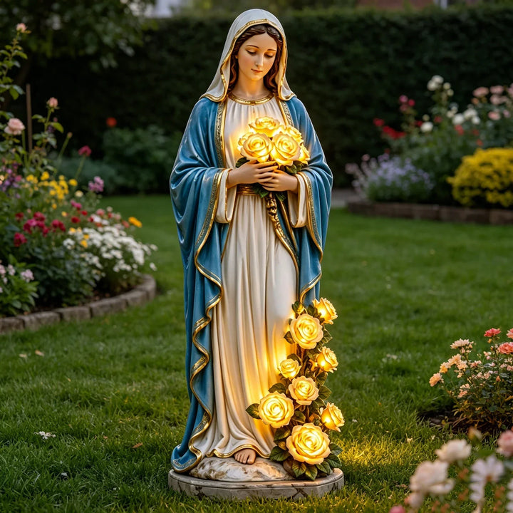 Virgin Mary Statue 7.87 Inch Outdoor Resin Garden Decor With Lighting Roses Religious Figurine Mother&