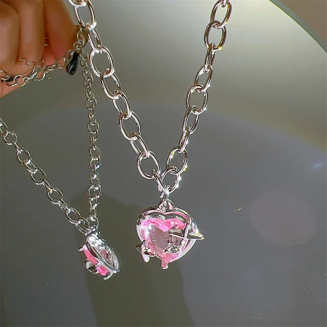 Zircon Pendant Necklace Pink Planet Heart Valentines Day Gift 2026 Aesthetic jewellery