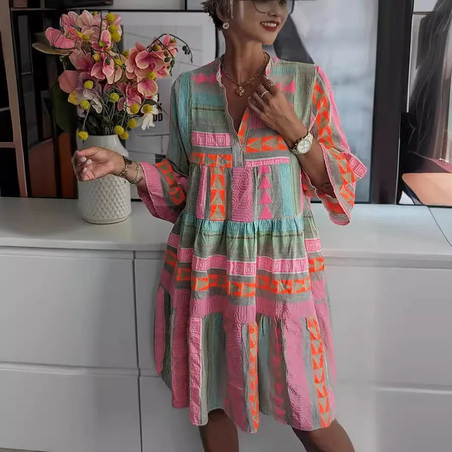V Neck Ruffles Boho Mini Dress - Spring Casual Vintage A-Line Flare Sleeve Dress