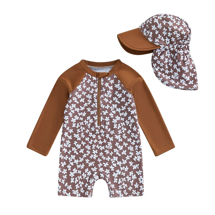 Lightweight Durable Toddler Girl Rash Guard Swimsuit - Long Sleeve Floral Flamingo Print, Polyester Elastane, Beachwear