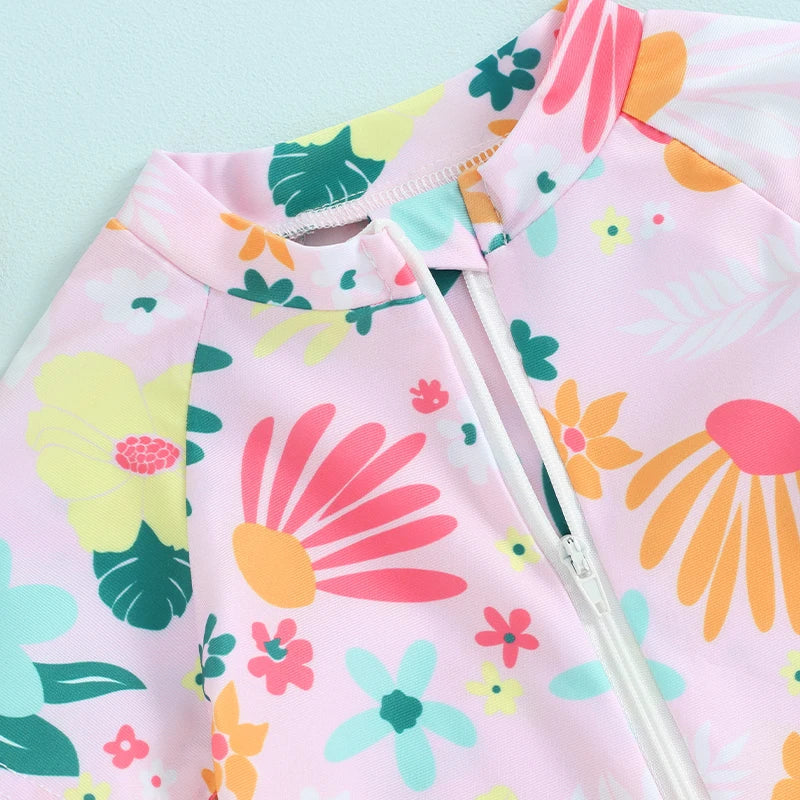 Soft girls’ rash guard romper – zip-front, short sleeve, floral print, polyester, for summer swimwear