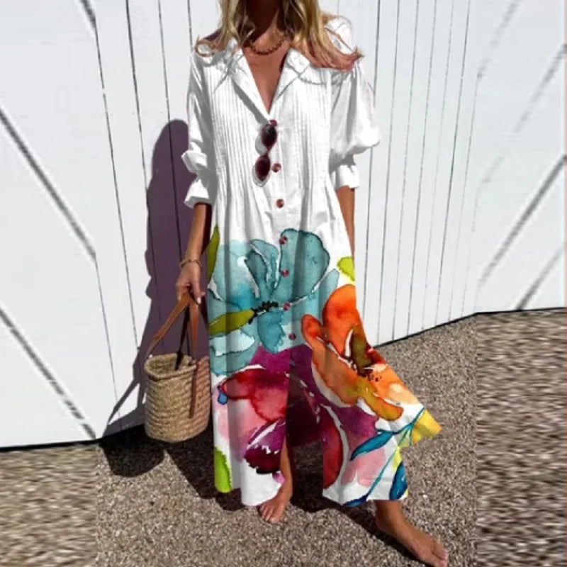 Boho Floral Maxi Dress for Women, Elegant Deep V-Neck Long Dress with Flowy Silhouette, Lightweight Summer Style