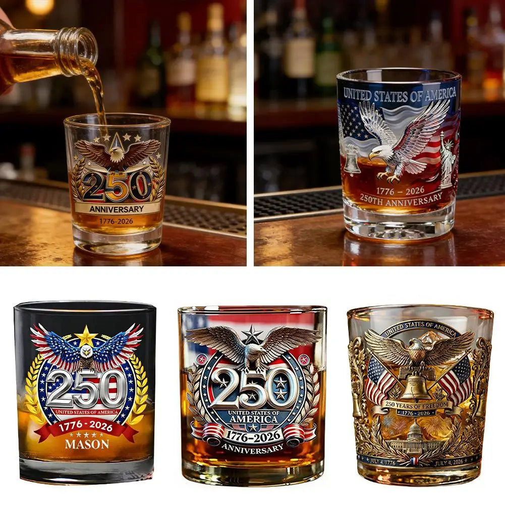 Patriotic Whiskey Glass Hand Blown Eagle Glassware USA 250th Anniversary Rotating Cup Gift Idea