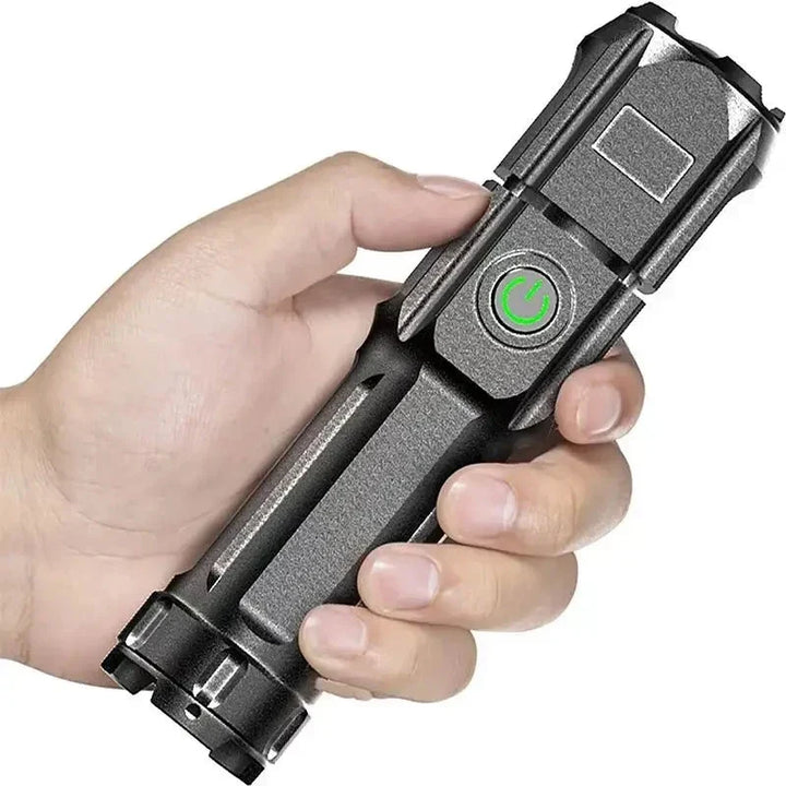 Telescopic Zoom Tactical Flashlight - Rechargeable LED Torch, 4 Lighting Modes, Waterproof for Camping and Fishing