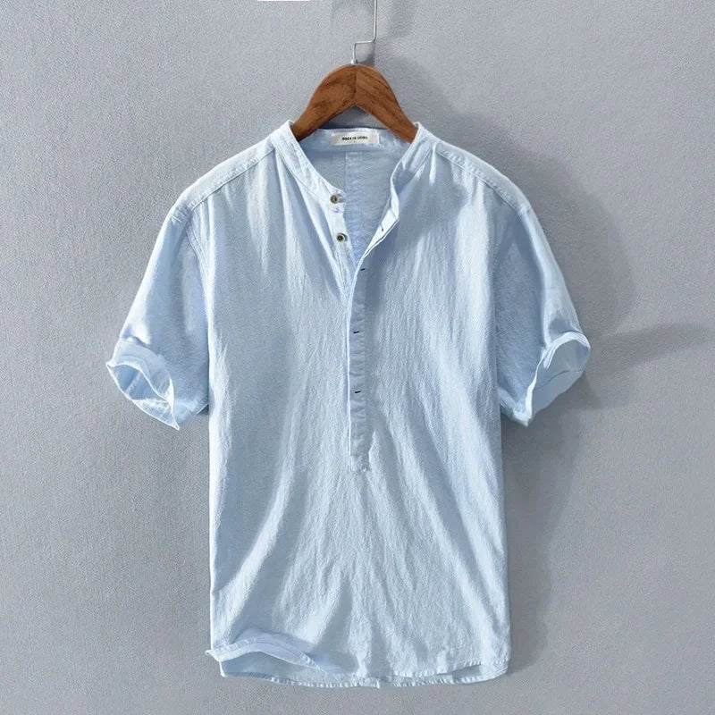 Breathable Cotton Linen Shirt High End Loose Fit, Short Sleeves Half-Open Collar