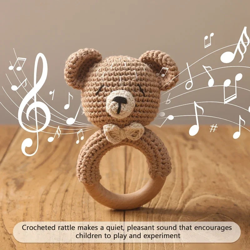 Crochet Bear Teether Rattle Ring Newborn Sensory Toys