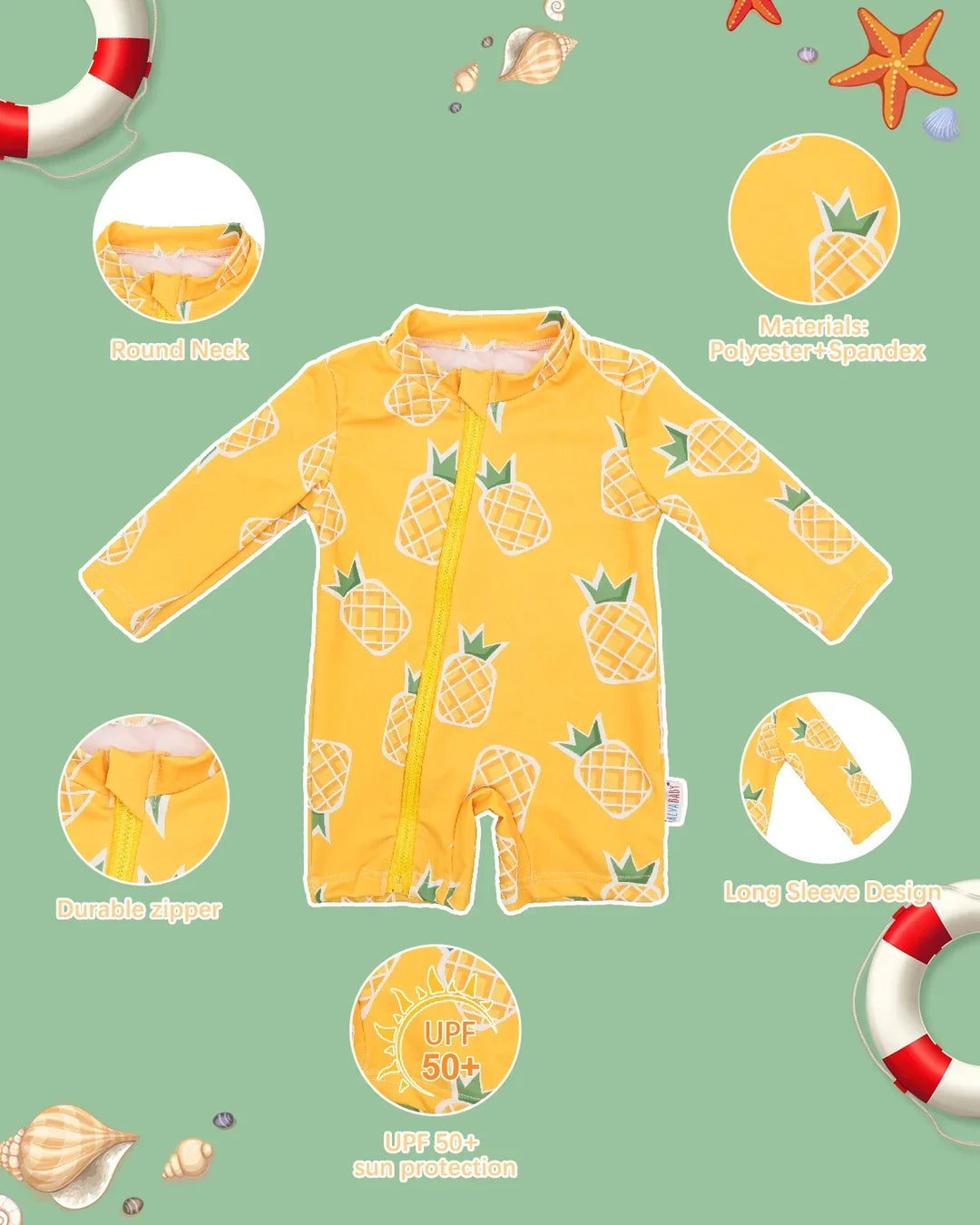 Breathable unisex long-sleeve rash guard - one-piece swimsuit, UPF 50+, pineapple print, for babies and toddlers