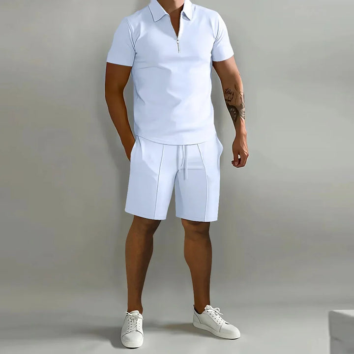 Solid color Polo Shirt &amp; Vertical Stripe Pants Set - Casual Short Sleeve Sports Wear