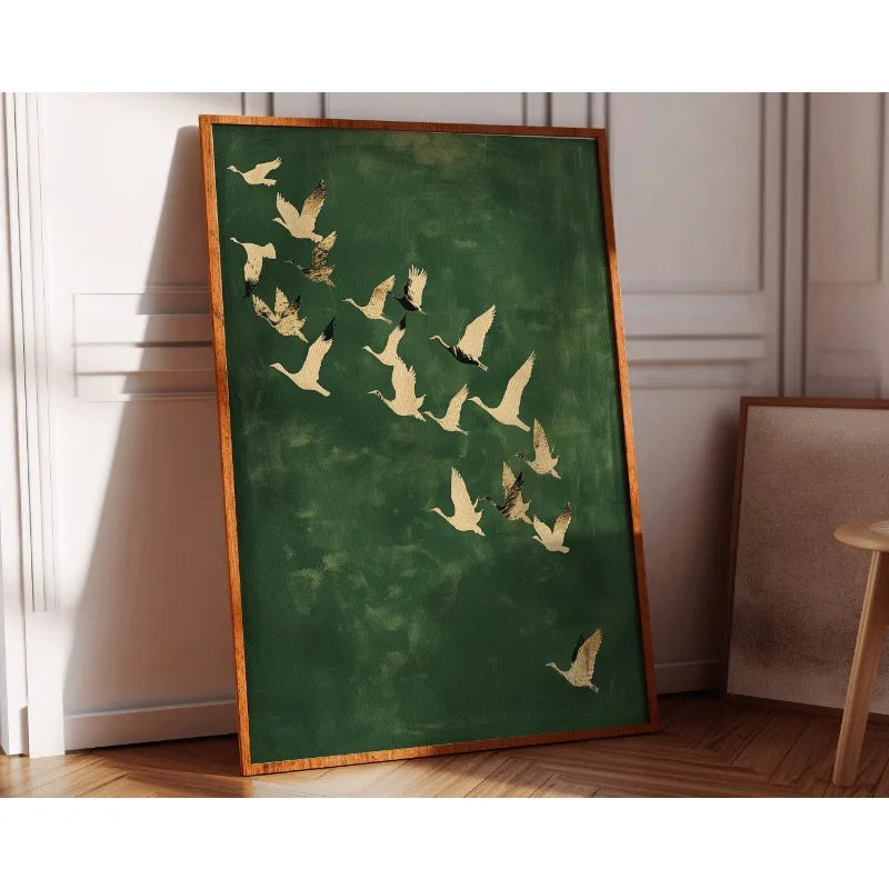 Cranes Wall Art Emerald Green Canvas With Gold Accents