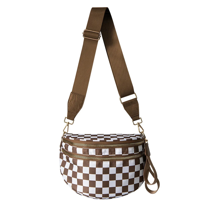 Versatile unisex crossbody bum bag – checkered nylon, box shape, travel and daily use