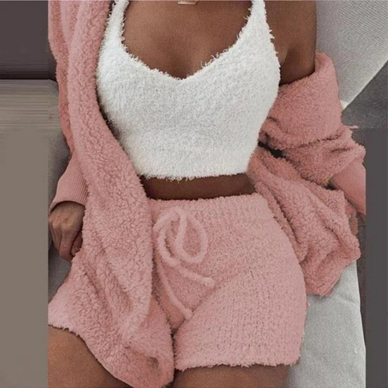 Fluffy Pajamas Set for Women Plus Size Tank Top Shorts Winter Sleepwear