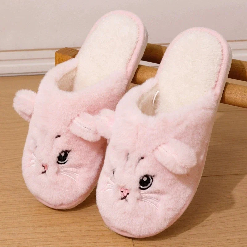 Warm Cozy Women’s Slippers - Cat-face Plush Design, Short Plush Lining, Indoor Use