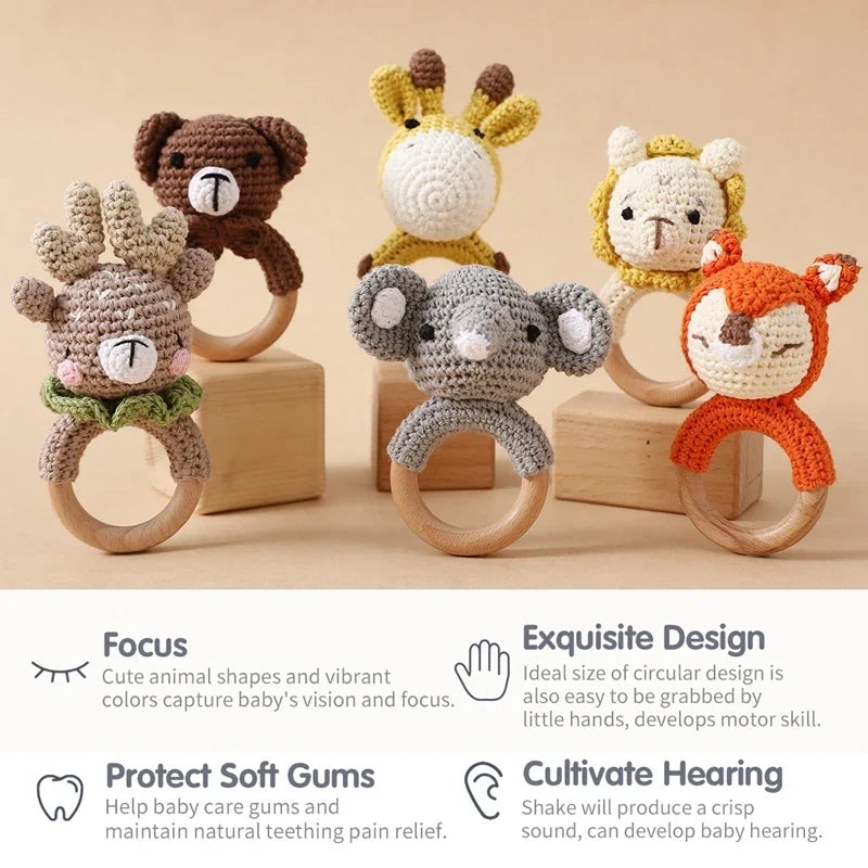 Crochet Bear Teether Rattle Ring Newborn Sensory Toys