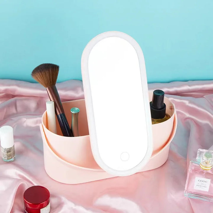 Makeup Organizer Box with LED Light Mirror - Portable Travel Makeup Case for Cosmetics Storage