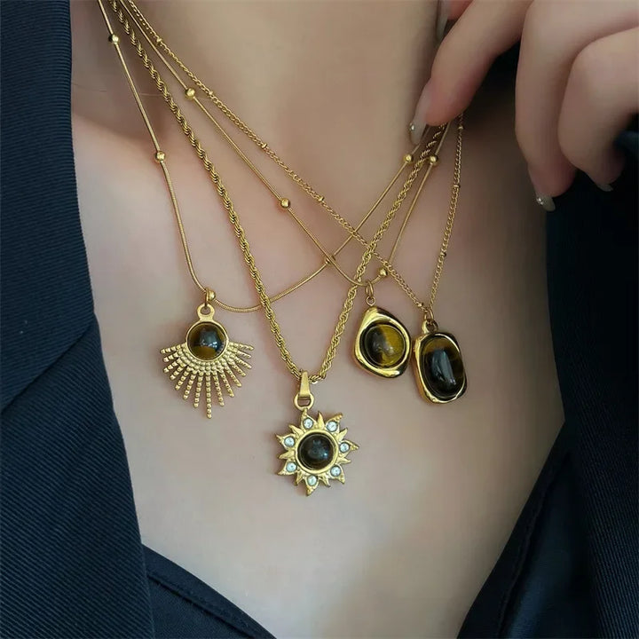 Layered Gold Tone Necklace Set With Resin Stone Pendants Boho Statement jewelry Gift Idea Fall 2026