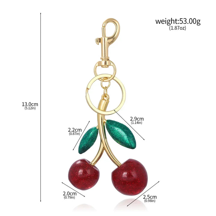 Red Cherry Keychain Bag Charm With Gold Leaf Lobster Clasp