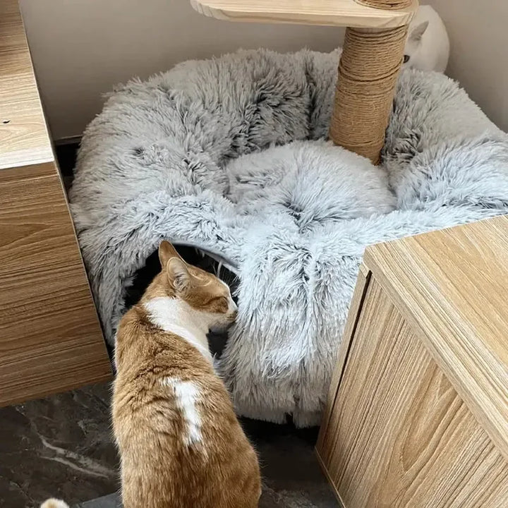 Plush Cat Bed with Tunnel - Fluffy Donut Cat Bed for Indoor Cats, Cozy Multifunctional Tunnel with Peephole