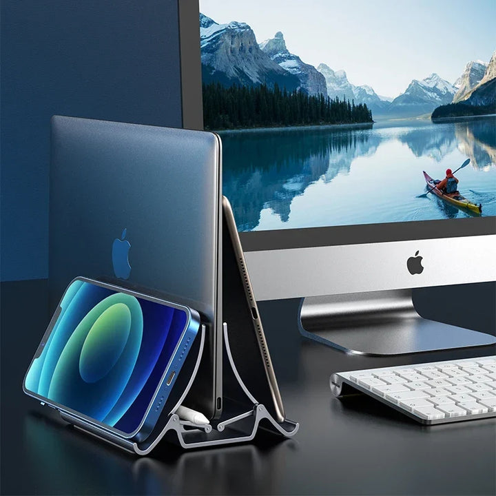 Vertical Laptop Stand with Silicone Grip - Dual Device Holder for MacBook &amp; Tablet, Heat Dissipation,