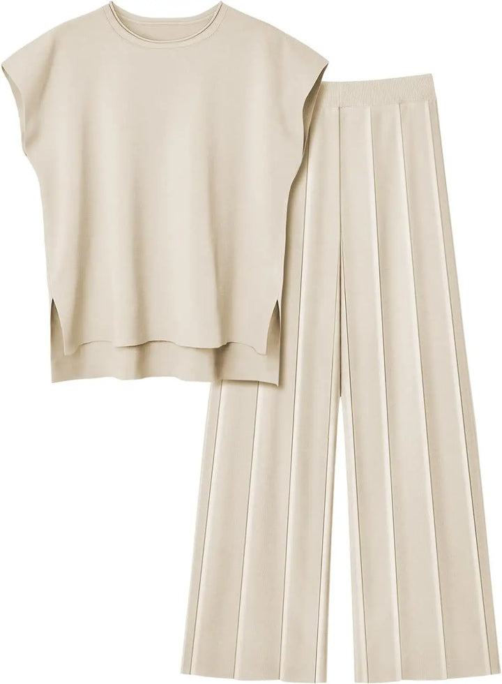 Soft Relaxed Women’s Two-Piece Pant Set – Sleeveless Round-Neck Knit Top, High-Waist Wide-Leg Pants For Summer