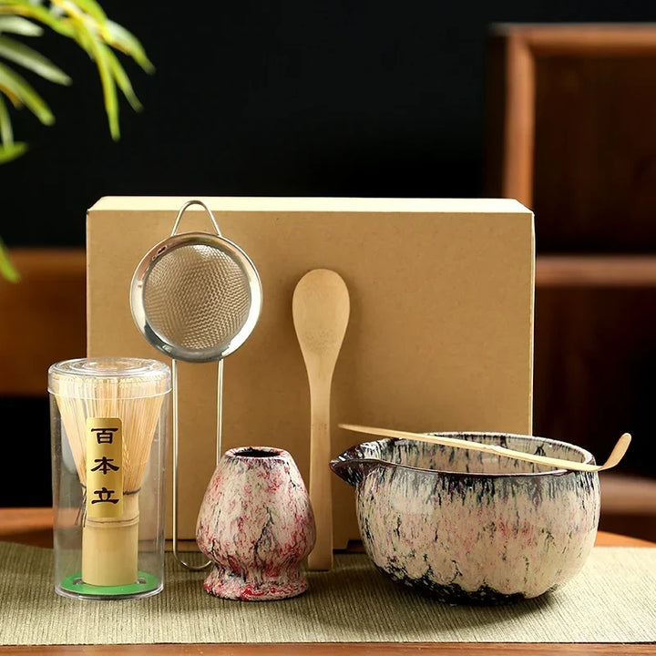 Matcha Tea Set Ceramic Bowls With Bamboo Whisk 6 Piece