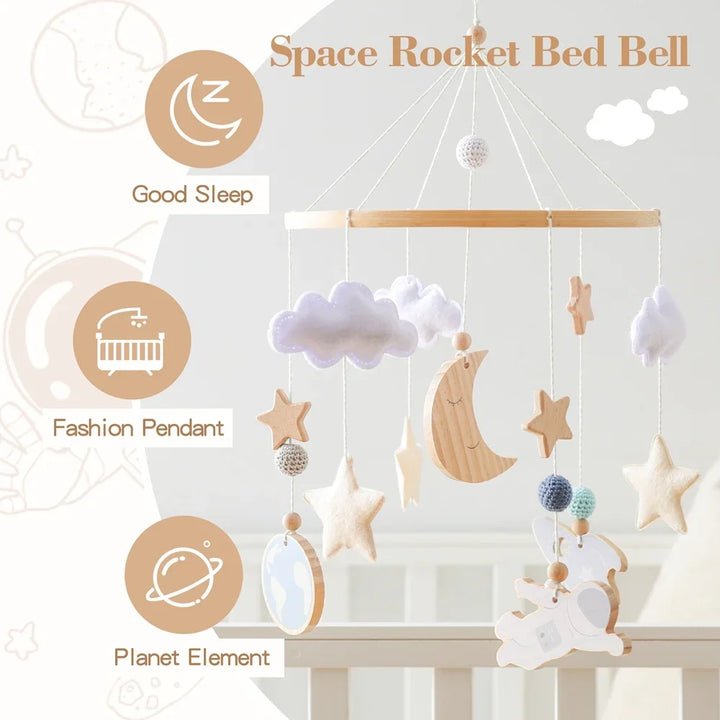 Wooden Rocket Crib Mobile Newborn Sensory Toys Soothing