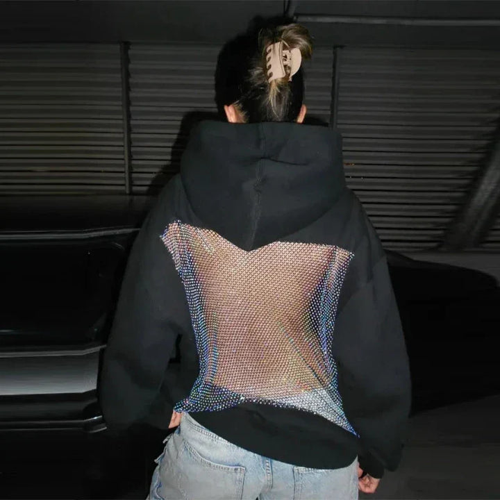 Oversized Relaxed Women’s Hooded Pullover - Boxy Hollow-Back Cut, Blended Fabric With Mesh Back, For Streetwear