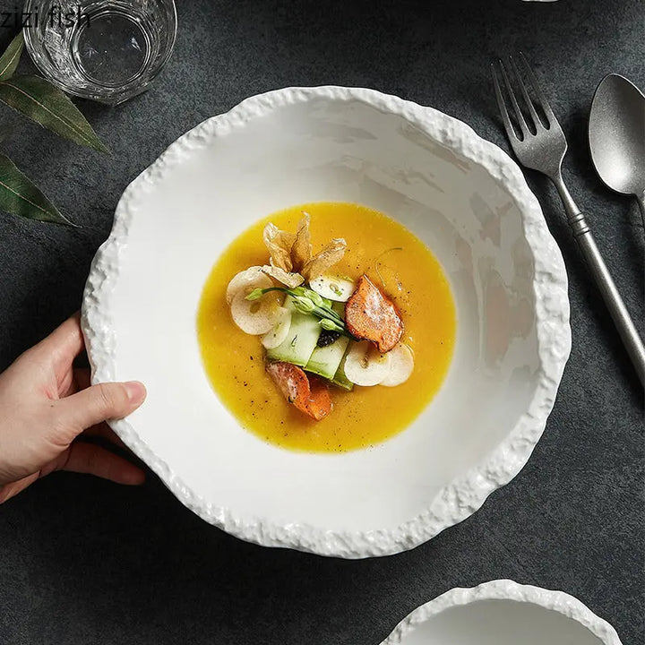 White Porcelain Rock Edge Soup Bowl Modern Tableware