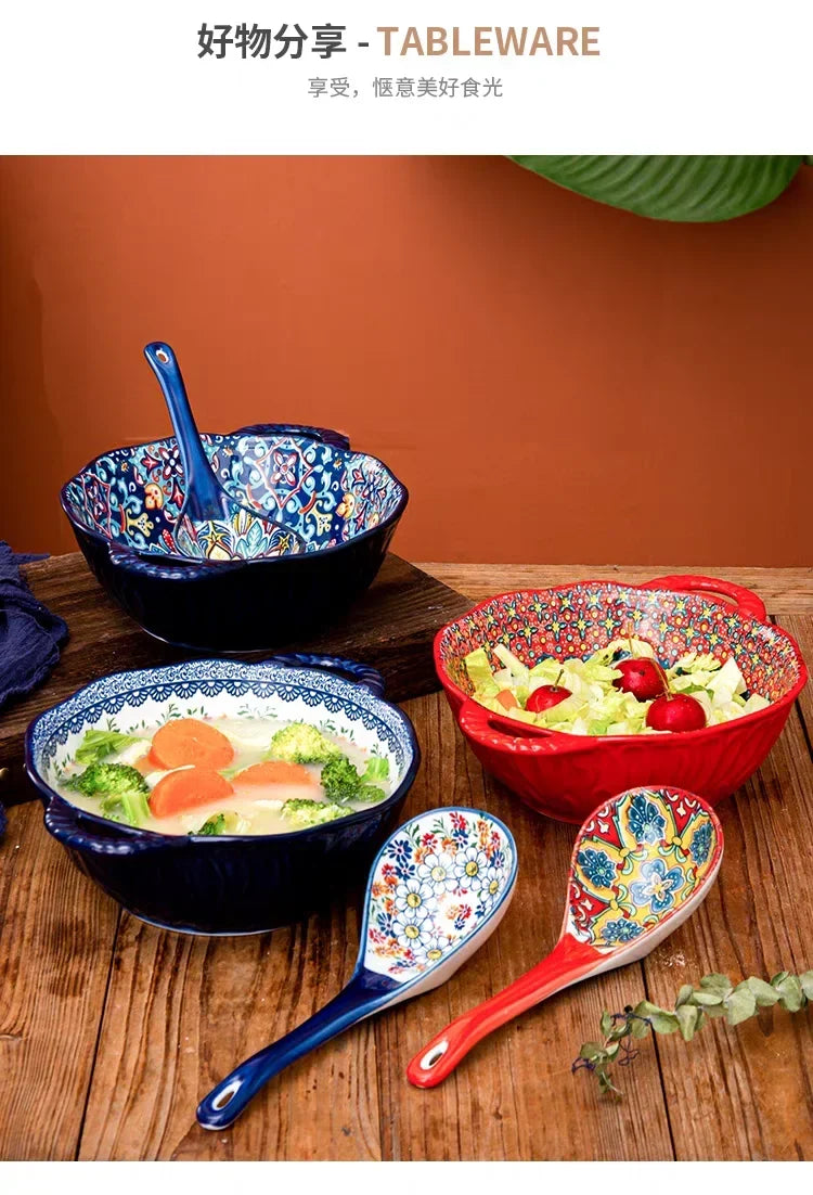 Ceramic Soup Bowl Bohemian Handle Embossed Microwave