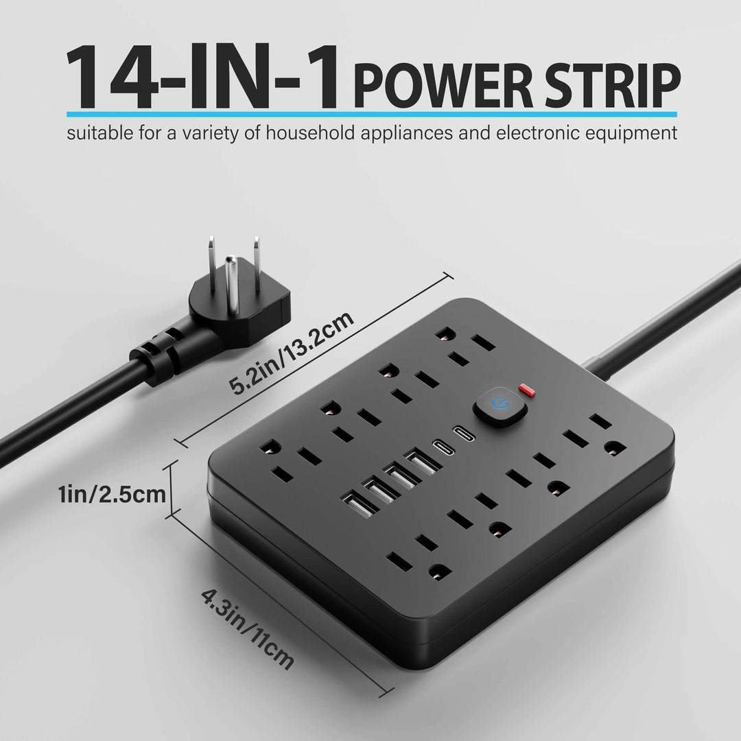14-in-1 Power Outlet Surge Protector, 8 AC &amp; 4 USB, Extension Cord for Desktop Charging