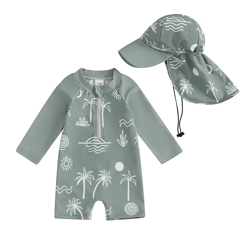 Lightweight Toddler Boys Rash Guard Swimsuit - Long Sleeve, Turtle Print, Polyester, Beachwear