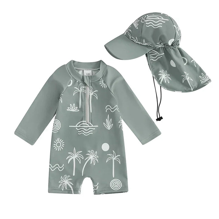 Lightweight Toddler Boys Rash Guard Swimsuit - Long Sleeve, Turtle Print, Polyester, Beachwear