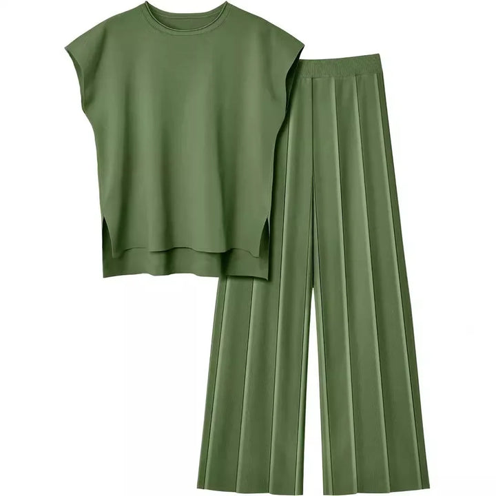 Soft Relaxed Women’s Two-Piece Pant Set – Sleeveless Round-Neck Knit Top, High-Waist Wide-Leg Pants For Summer