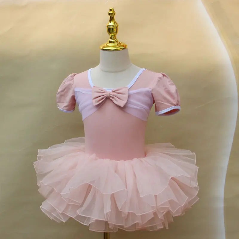 Lightweight girls ballet leotard set - puff-sleeve top, tulle tutu skirt, polyester, for dance class