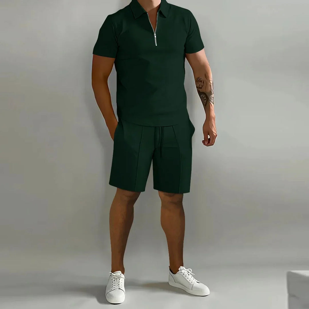 Solid color Polo Shirt &amp; Vertical Stripe Pants Set - Casual Short Sleeve Sports Wear