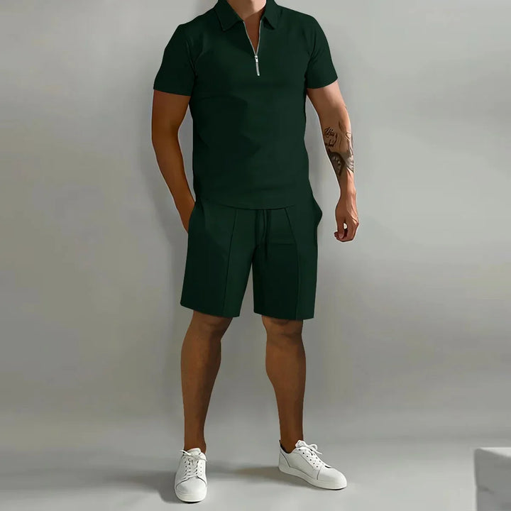 Solid color Polo Shirt &amp; Vertical Stripe Pants Set - Casual Short Sleeve Sports Wear