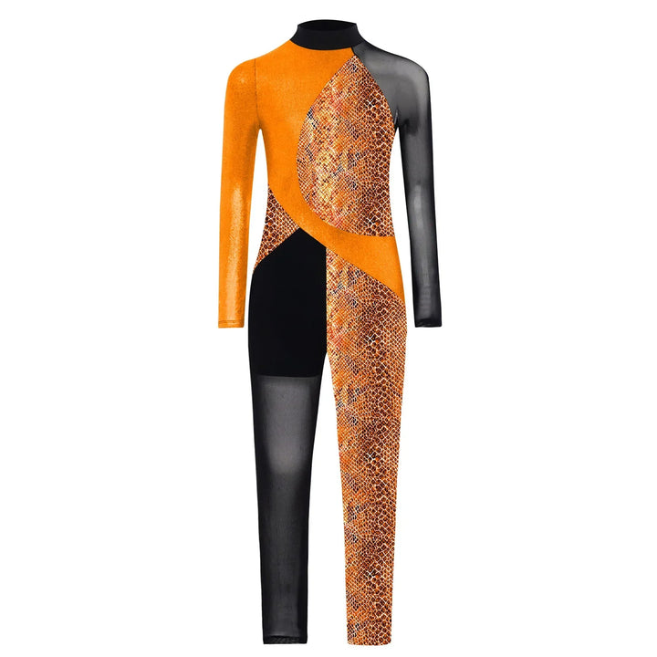Stretchy Girls Unitard – Long Sleeve, Snakeskin, Polyester, Nylon, Elastane, For Ballet, Rhythmic Gymnastics