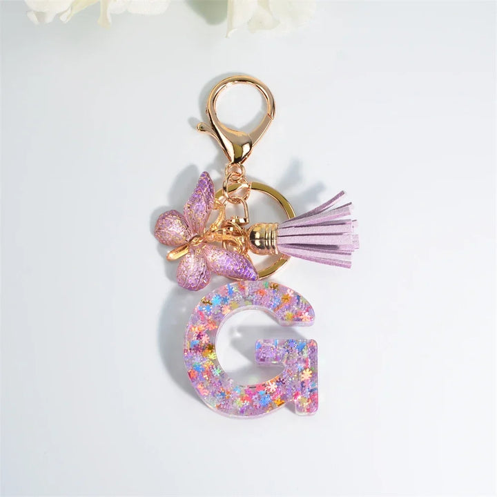 Sequin Letter Keychain With Butterfly Tassel Charm