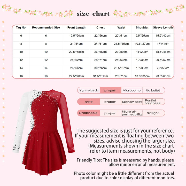 Stretchy girls figure skating dress – long sleeve rhinestone accents, jersey, dance performance costume