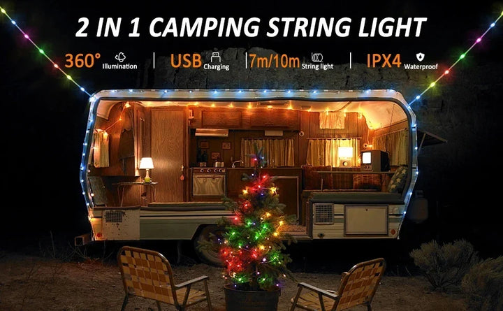 2-in-1 LED Reel Camping String Light – USB Rechargeable Portable Atmosphere Lantern Garden Tent Decor 2026