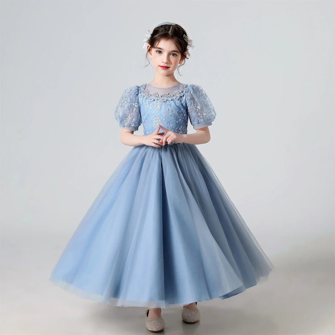 Soft Girls’ Lace-Embroidered Princess Dress - Puff Sleeve, Polyester, For Weddings and Parties