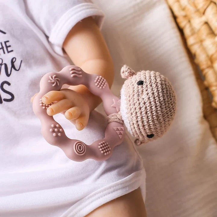 Crochet Bear Teether Rattle Ring Newborn Sensory Toys
