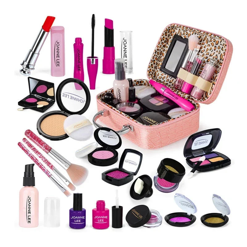 Kids Makeup Set - Pretend Play Kit With Lipstick Nail Polish Eye Shadow In Leopard Case CE Certified Toy Back To School