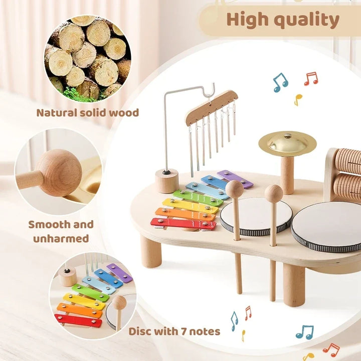 Baby Educational Toys Wooden Xylophone Bells - Montessori Music Table for Newborn Birthday Gifts