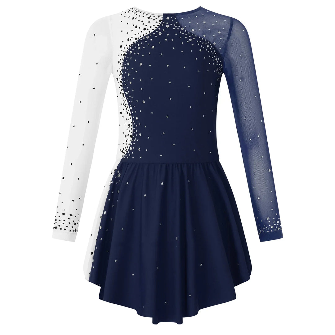 Stretchy girls figure skating dress – long sleeve rhinestone accents, jersey, dance performance costume