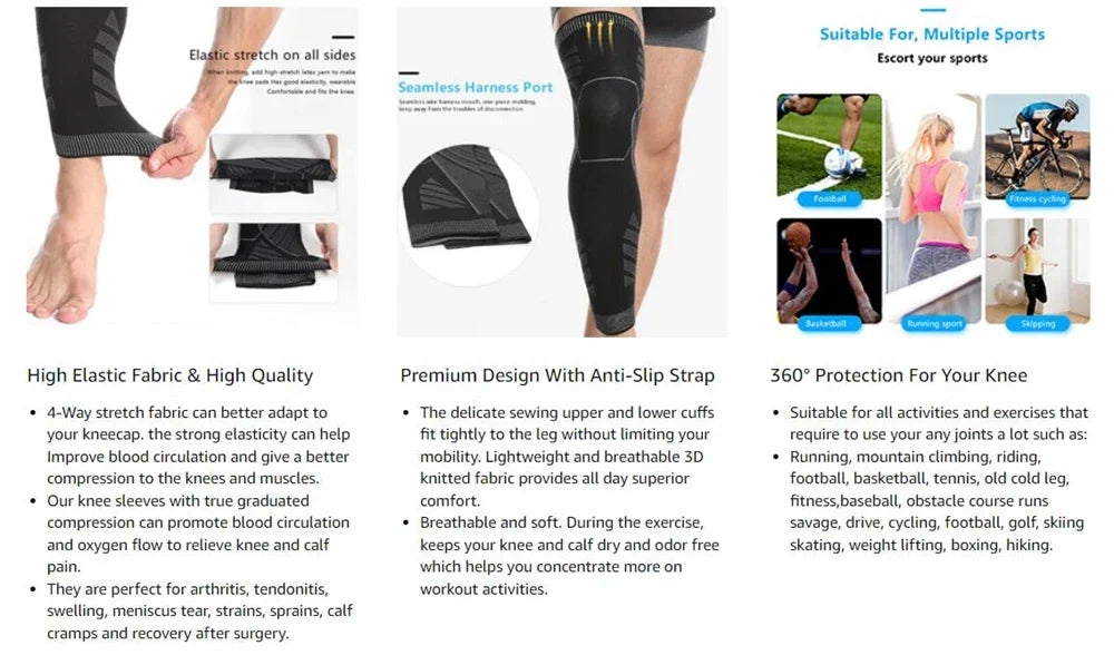 Full Leg Compression Sleeve Long Knee Support for Cycling Hiking Basketball – Pair 2026