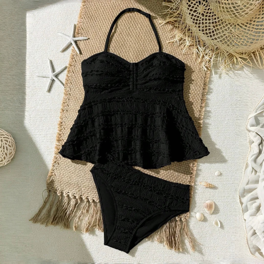 Lightweight girls’ bikini set - two-piece, textured lace-like fabric, polyester, for summer beach vacation