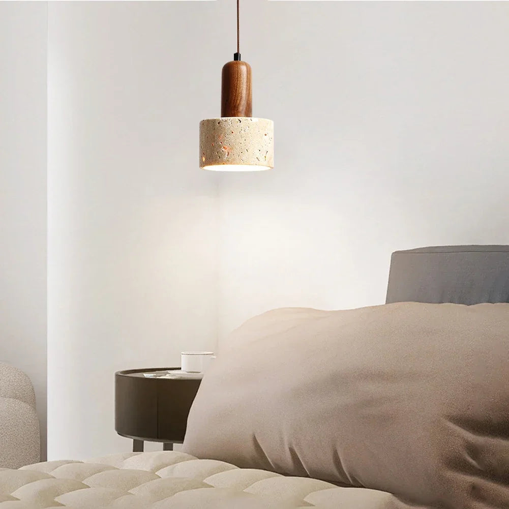 Japandi Japanese Pendant Light Wood And Travertine Bedside Lamp